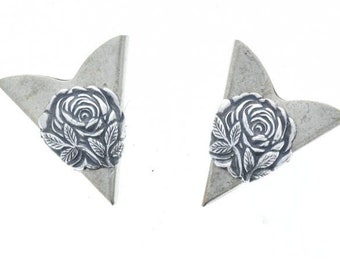 Rose Flower Collar Tip, antique silver, Made in USA, 1 pair     (2622CT)