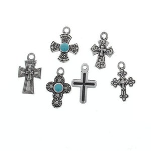 Silver Cross Charm Set with turquoise accents, antique silver, made in USA, pack of 6