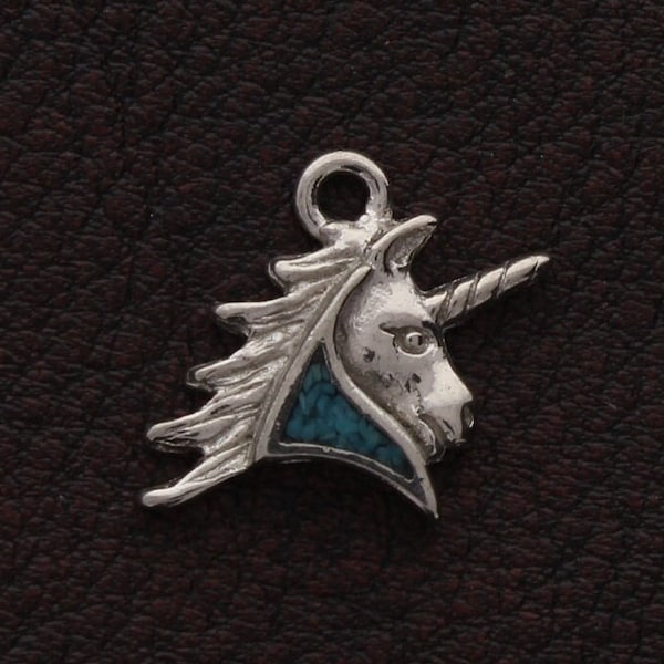 Unicorn Turquoise Mosaic Inlay Charm, 16mm, Vintage, Silver, made in USA, Each