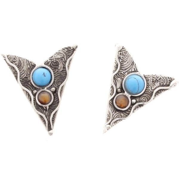 Scrolled Western Collar Tip with faux turquoise, Antique Silver, screw on back, 1 pair