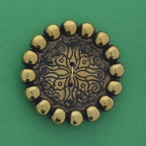 Vintage Button, 34mm Antique Gold, 2 hole, flat back, set of 4