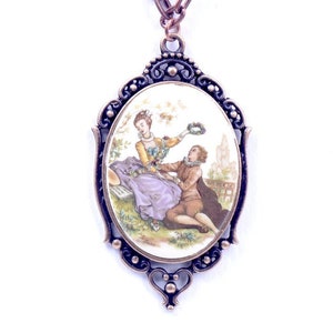 40mm French Cameo Victorian Necklace &quot;Couple Swinging&quot;, in gift Bag, Vintage Cabochon, 18&quot; or 24&quot; Antique Copper or Antique Gold, Each