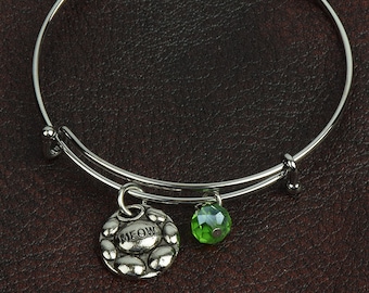 Cats "Meow" Adjustable Charm Bracelet, antique silver, with crystal bead in color of your choice. One bracelet