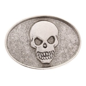 Skull Oval Belt Buckle in antique silver, 3" wide, 1.5" D Ring on back, Made in USA Each