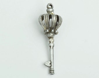 54mm Crown Skeleton Key, loop on top, antique silver, pack of 2