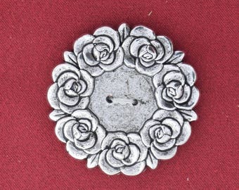 Vintage Rose Button, 2 hole, Plated, Antique silver finish, set of 4