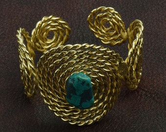 Rope Swirl Cuff Bracelet, adjustable, gold tone with faux turquoise stone, each
