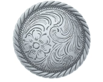 Tooled Flower Concho with rope border, antique silver, round 1.5" or 1.25" diameter, screw back attachment, Each