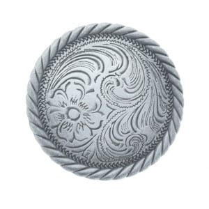 Concho fiore lavorato con bordo in corda, argento antico, diametro rotondo 1,5" o 1,25", attacco posteriore a vite, ciascuno