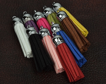 Leather Suede Tassels, Pink, Black, Blue, White, Red, Purple, Brown, 56mm long, cap with loop, sold by color, each