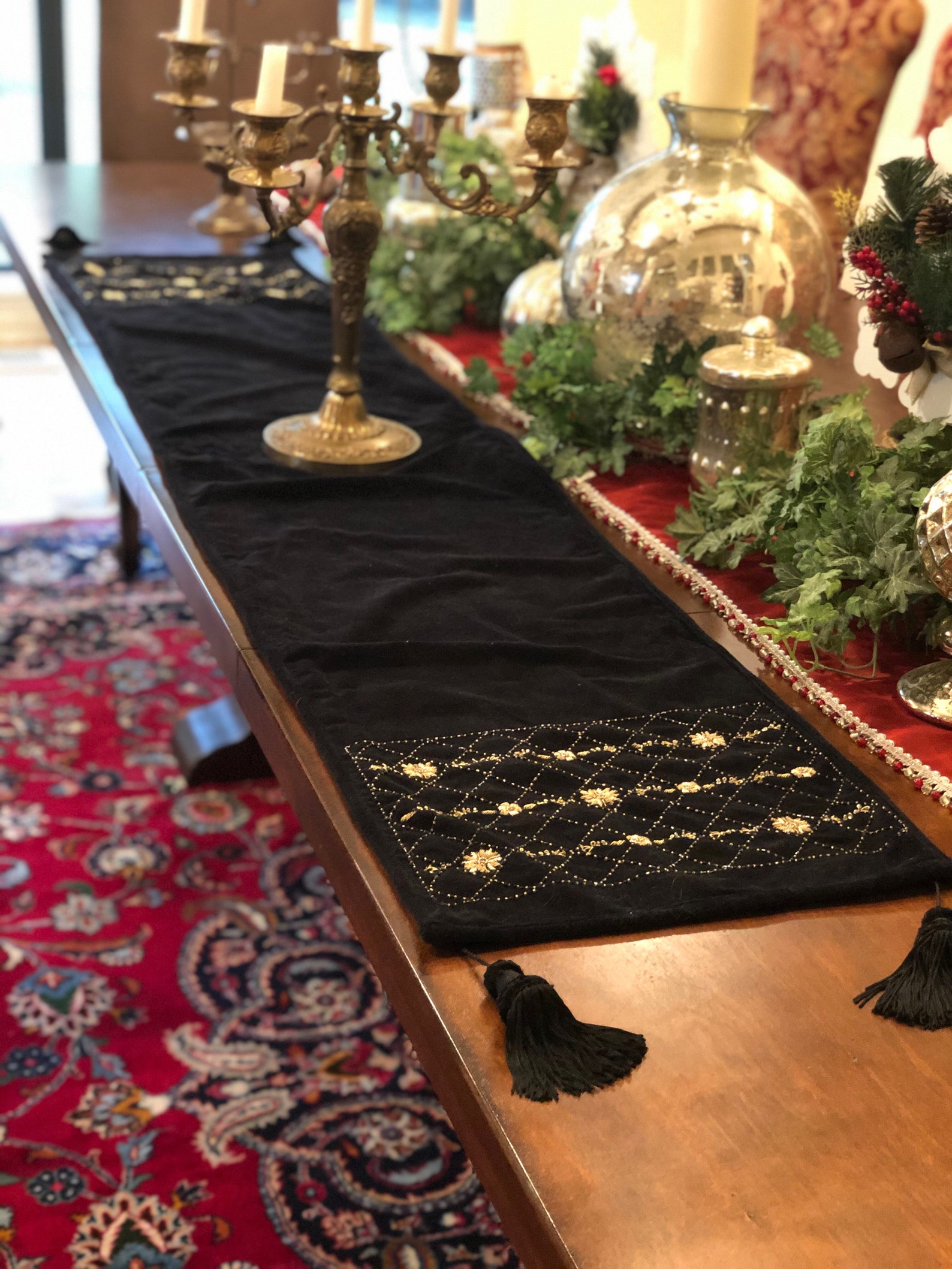 Vintage Velvet Table Runner Beaded with Tassels Gold/Black Etsy