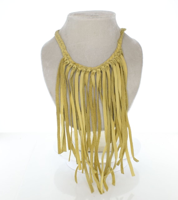 Yellow Leather Fringe Choker/necklace, Made in USA, Sold by Each