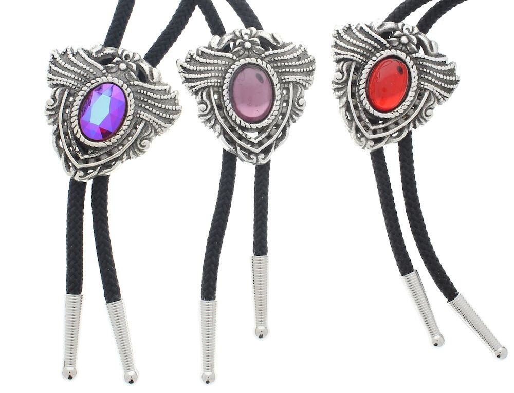 Winged Medallion Bolo Tie, ruby crystal stone in antique gold setting, 35" black cord with gold tips, each