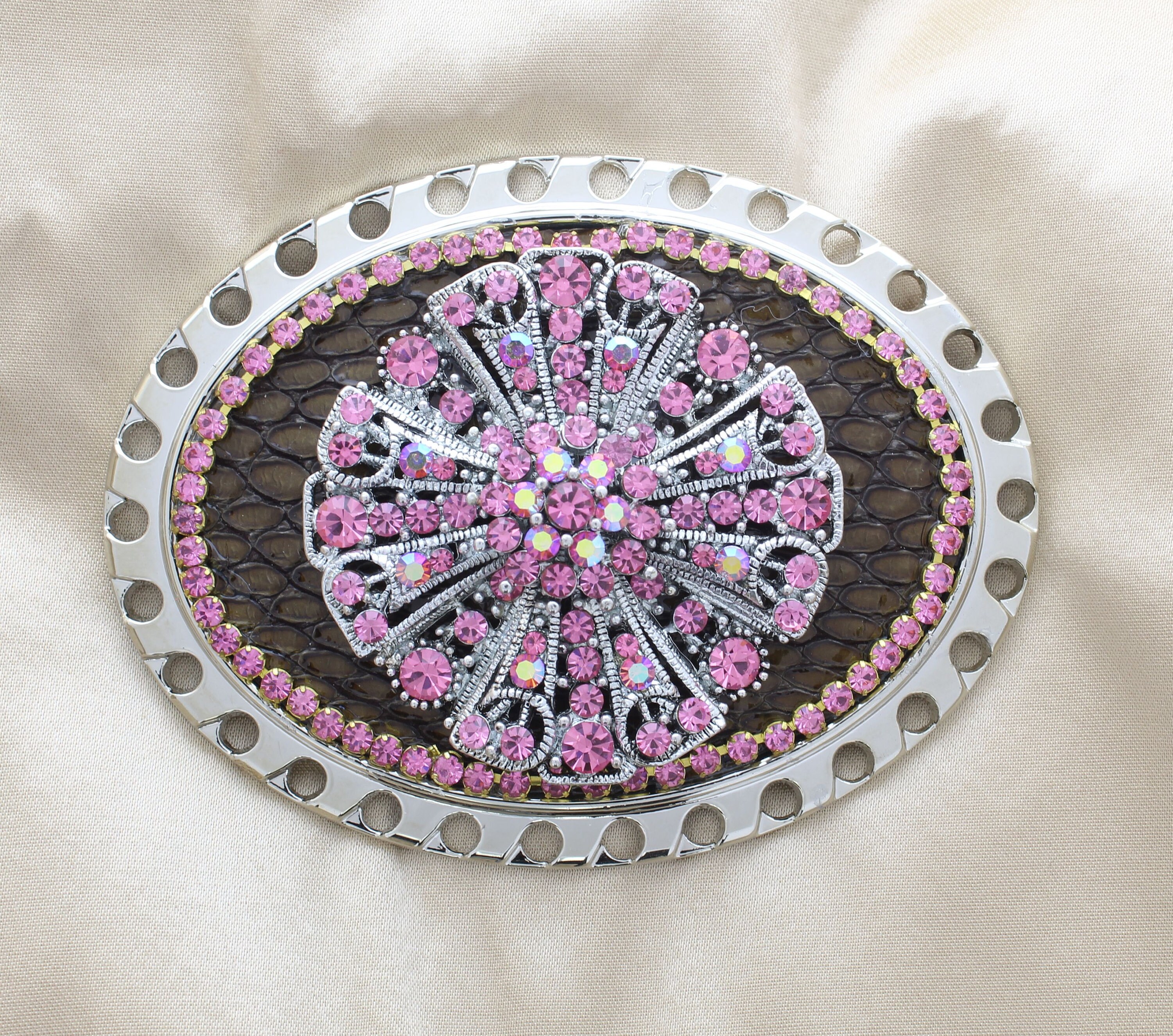 Brown pink sliver buckle belt size ML Crystal Silver Belt Buckle and Leather Belt, Pink Crystal  main image 4