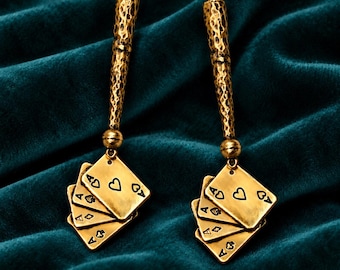 Western Bolo Tips, Gold Tone with Antiqued Accents, Hammered Four-Aces Charms
