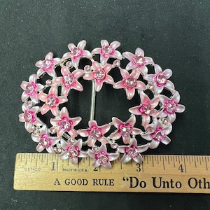 Pink Flower Buckle with crystals, Vintage, silver and pink, fits 1.5&quot; belts, each