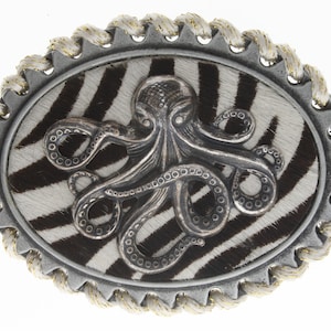 Zebra Print Buckle with Kraken Theme – a fusion of untamed beauty and mythical allure , 3.25 oval, 1.5 belt, belt not included, made in USA