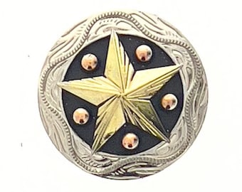 Concho de estrella de San Saba, plata antigua con detalles en cobre y oro, redondo de 1,25" de diámetro, cierre de rosca. Cada uno