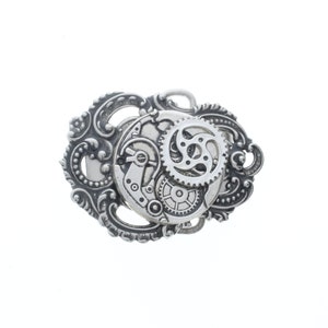 Steampunk Belt Buckle, Gift Box, 3.2", vintage watch part movement, antique silver, fits 1.5 inch belt, HandMade in USA