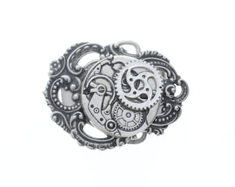 Boucle de ceinture steampunk, boîte cadeau, 3,2 pouces, mouvement de pièce de montre vintage, argent antique, convient à une ceinture de 1,5 pouces, fabriqué à la main aux États-Unis