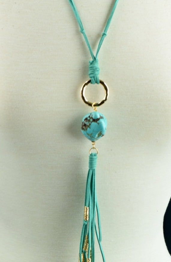 Suede Leather Turquoise Tassel Pendant Necklace, Each