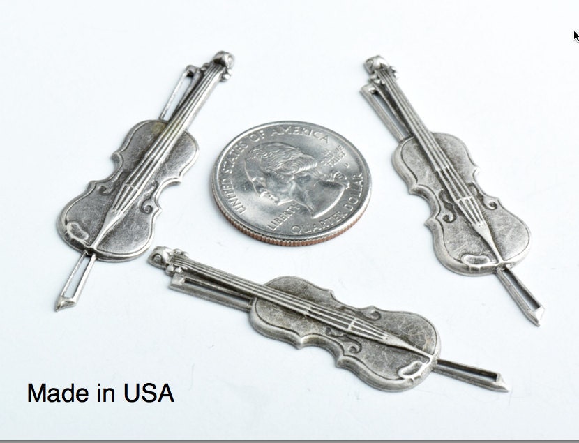 56mm Fiddle Violin Musical Instrument Charm, Antique Silver