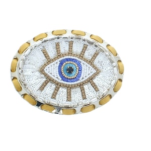 Evil Eye jeweled Buckle oval 4&quot; fits 1.5&quot; belt, beaded sequin deisgn
