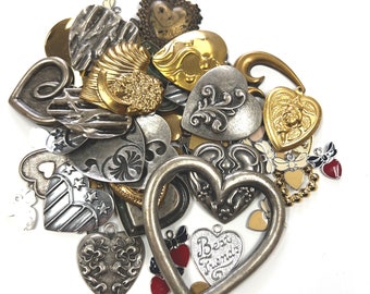 Vintage Heart Charms & Stampings Mix Assortment, antique silver, antique gold and bright finishes, Made in USA, 1/4 pound