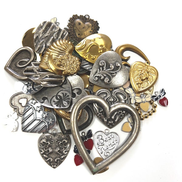 Vintage Heart Charms & Stampings Mix Assortment, antique silver, antique gold and bright finishes, Made in USA, 1/4 pound