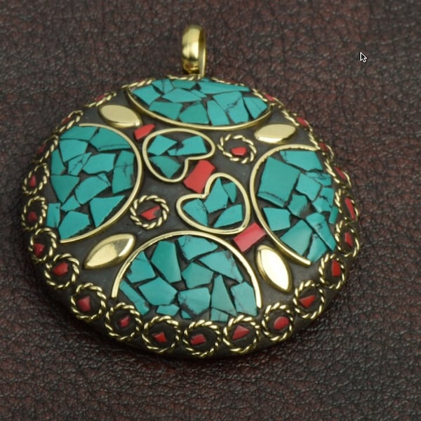 Inlay Lakh Pendant, 50mm, Turquoise and Coral Composite stone inlay in Polished Gold Brass, Each