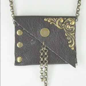 Leather Pouch necklace pendant, reclaimed brown leather with antique gold, each