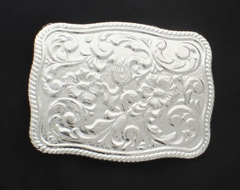 Floral Engraved Silver Belt Buckle, 1 each