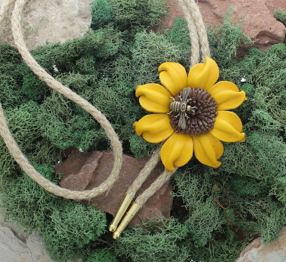 72mm Yellow Handmade Leather Sunflower Bolo Tie, Made in USA, Each