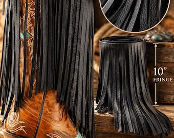 May include: A black leather fringe boot wrap featuring 10-inch long fringe strips that are 1/8 inch wide. The wrap is shown attached to a tan leather boot with decorative stitching and turquoise accents, and also shown rolled up.