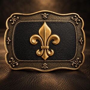 May include: A rectangular belt buckle featuring a central gold-toned fleur-de-lis emblem set against a black textured background. The buckle is framed by an ornate, antiqued gold-toned border with decorative scrollwork and beaded detailing.