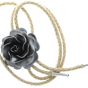Rose Flower Bolo Tie with tips, Gift Box, 36&quot; jute cord, metal 3D rose, antique silver, HandMade in USA, Each