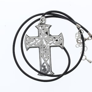 Cross Pendant 53x35mm (2x1.37in) Silver Filigree Cross Pendant, w/Cord Neck, ea  P4021