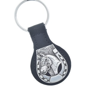Keychain Ring on Leather Fob, Silver Lucky Horse shoe on black leather, Made in USA, each