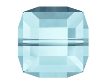 Swarovski Crystal Square Bead, Aqua (blue) 4mm, #5601 Faceted Cube Shape, pack of 12