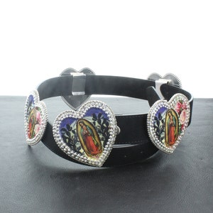 Ceinture en cuir Virgin de Guadelupe Concho Icon, images vintage sur 5 conchos en forme de cœur avec cristal, fabriquée à la main aux États-Unis