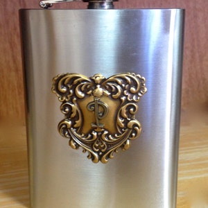 Personalized Silver Hip Flask With Initial or Monogram, Vintage Gold ...