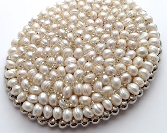 Oval Pearl Buckle and Belt, Gift Box, or in Gold Pearl, 4.6" Silvertone, black or brown belt, HandMade in USA