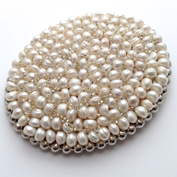 Oval Pearl Buckle and Belt, Gift Box, or in Gold Pearl, 4.6" Silvertone, black or brown belt, HandMade in USA