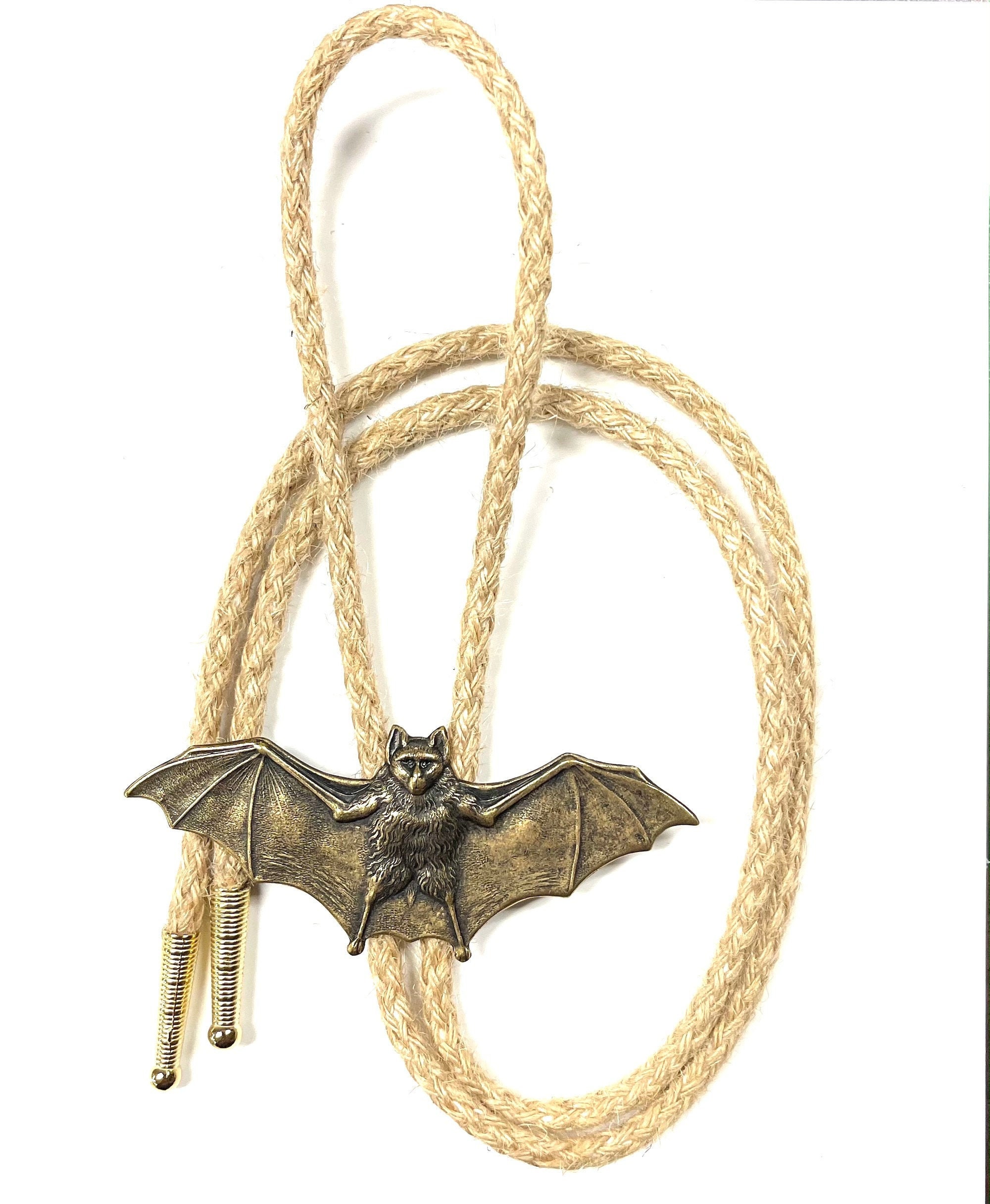 Bat Bolo Tie, Gift Box, antique gold on 36" natural jute cord, handmade in USA, each