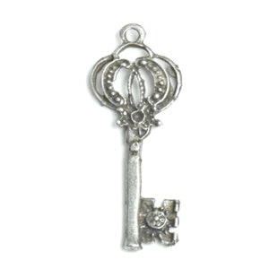 42mm Vintage Skeleton Key with Crown on Top, loop on top, antique silver, pack of 2