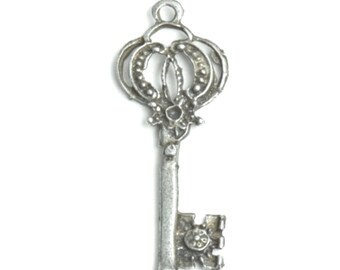 42mm Vintage Skeleton Key with Crown on Top, loop on top, antique silver, pack of 2