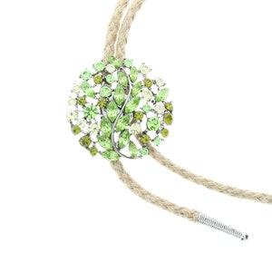 Green Crystal Bolo Tie with collar tips, Gift Box, 36&quot; jute cord, handmade in USA, Each