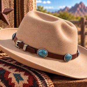 May include: A beige felt hat featuring a brown leather band adorned with oval turquoise stones and a silver-toned metal buckle. The hat has a wide brim and a creased crown, showcasing a classic design with decorative metal accents along the band.
