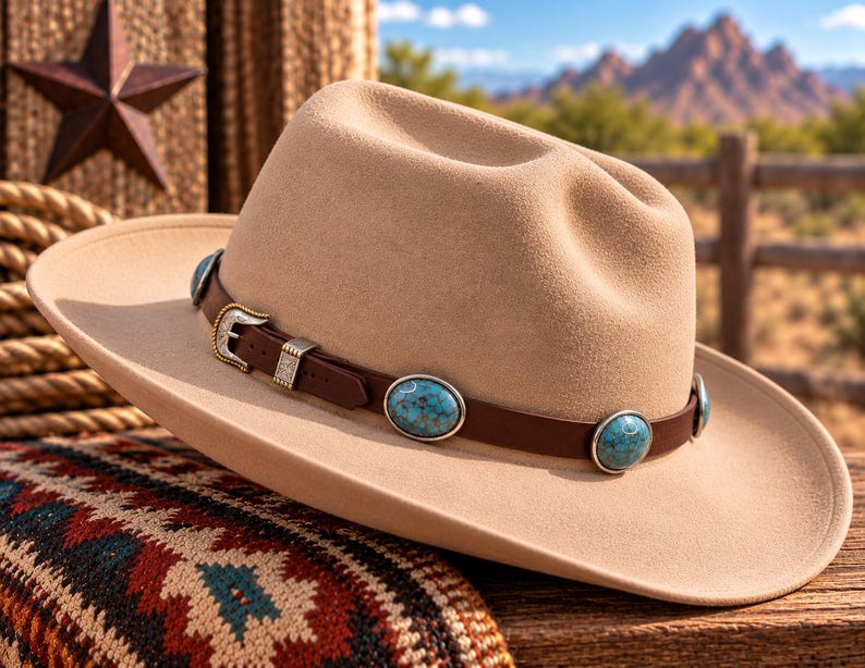 May include: A beige felt hat featuring a brown leather band adorned with oval turquoise stones and a silver-toned metal buckle. The hat has a wide brim and a creased crown, showcasing a classic design with decorative metal accents along the band.