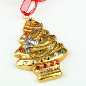 Gold Christmas Tree Ornament, 2 3/4&quot;,  large puffy tree with ribbon and crystals, handmade, each